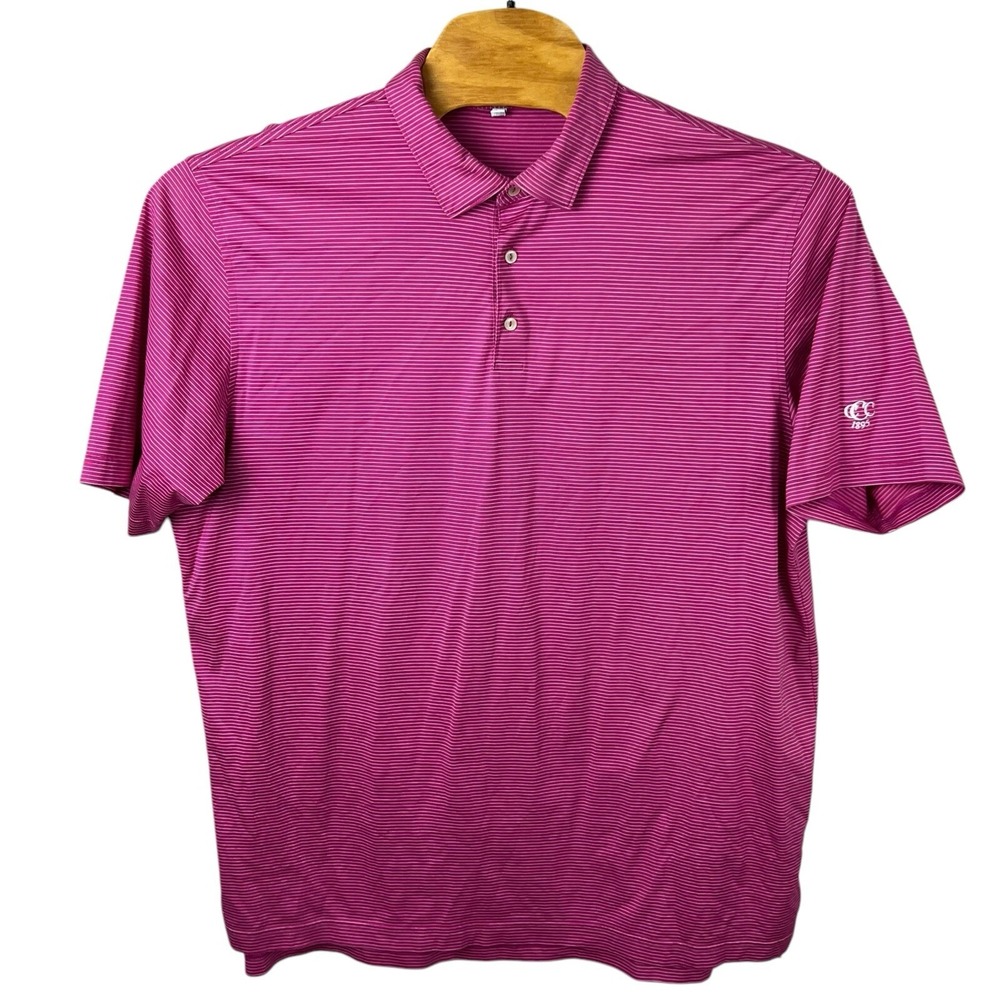 Peter Millar Mens XXL‎ Pink Striped Short Sleeve Polo Shirt Logo On Sleeve